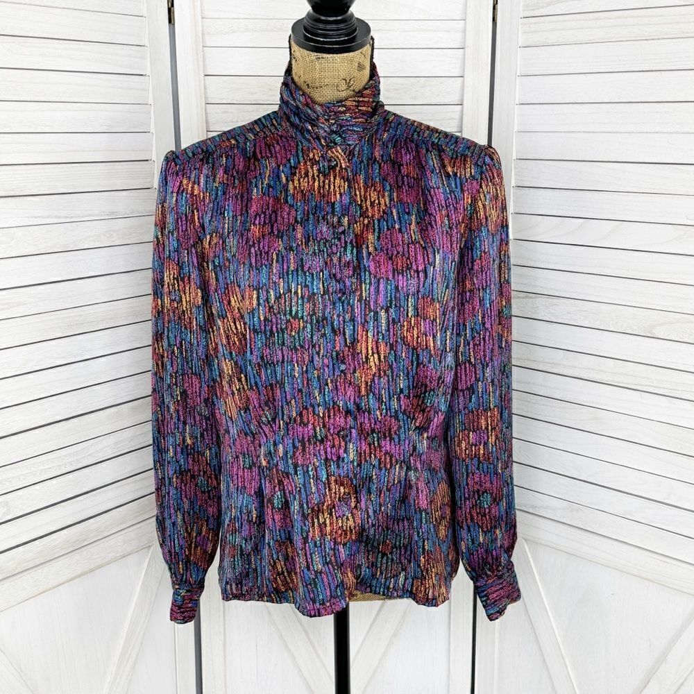 Vintage‎ 80s Marlis Satin Blouse Abstract Floral High Neck Multicolor Size 10